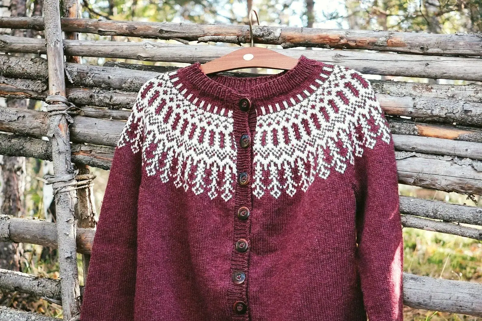 A hand knitted cardigan with a patterned yoke hanging outdoors